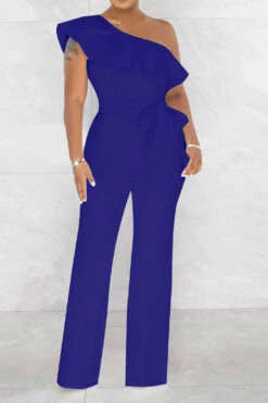 Solid Color Striking Ruffle Belted Jumpsuit -Clothing Outlet Store H23021026 BL 2