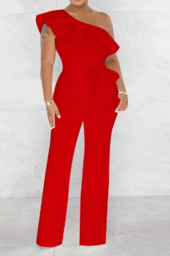 Solid Color Striking Ruffle Belted Jumpsuit -Clothing Outlet Store H23021026 RE 1