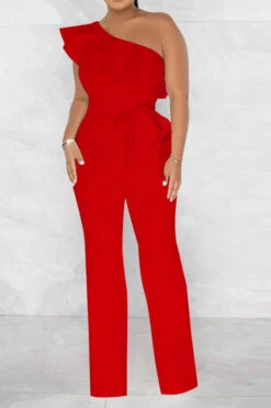Solid Color Striking Ruffle Belted Jumpsuit -Clothing Outlet Store H23021026 RE 3