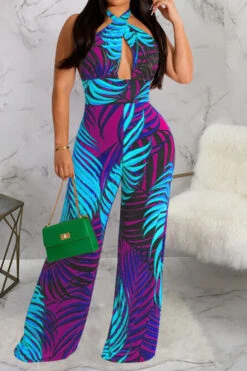 Leaf Print Tropical Backless Lace-Up Jumpsuit -Clothing Outlet Store H23021027 BL 1