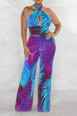 Leaf Print Tropical Backless Lace-Up Jumpsuit -Clothing Outlet Store H23021027 BL 2