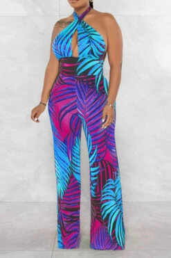 Leaf Print Tropical Backless Lace-Up Jumpsuit -Clothing Outlet Store H23021027 BL 3