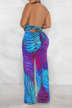 Leaf Print Tropical Backless Lace-Up Jumpsuit -Clothing Outlet Store H23021027 BL 4