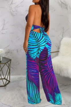 Leaf Print Tropical Backless Lace-Up Jumpsuit -Clothing Outlet Store H23021027 BL 5