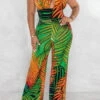 Leaf Print Tropical Backless Lace-Up Jumpsuit