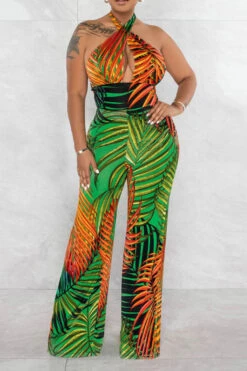 Leaf Print Tropical Backless Lace-Up Jumpsuit