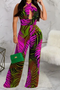 Leaf Print Tropical Backless Lace-Up Jumpsuit -Clothing Outlet Store H23021027 RR 1
