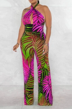 Leaf Print Tropical Backless Lace-Up Jumpsuit -Clothing Outlet Store H23021027 RR 3
