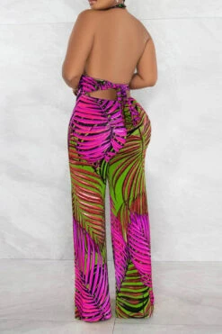 Leaf Print Tropical Backless Lace-Up Jumpsuit -Clothing Outlet Store H23021027 RR 4