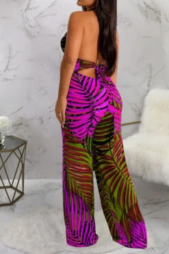 Leaf Print Tropical Backless Lace-Up Jumpsuit -Clothing Outlet Store H23021027 RR 5