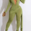 Solid Color Deep V Neck Chic Side Train Jumpsuit