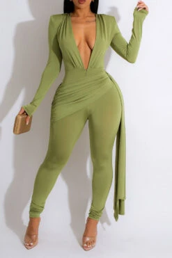 Solid Color Deep V Neck Chic Side Train Jumpsuit