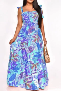 Leaf Print Strap Shirred Undeniable Tiered Ruffle Maxi Dress -Clothing Outlet Store H23021052 BL 1