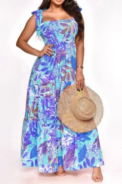 Leaf Print Strap Shirred Undeniable Tiered Ruffle Maxi Dress -Clothing Outlet Store H23021052 BL 2