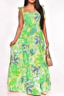 Leaf Print Strap Shirred Undeniable Tiered Ruffle Maxi Dress -Clothing Outlet Store H23021052 GR 1