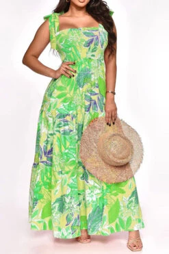Leaf Print Strap Shirred Undeniable Tiered Ruffle Maxi Dress -Clothing Outlet Store H23021052 GR 2