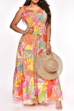 Leaf Print Strap Shirred Undeniable Tiered Ruffle Maxi Dress -Clothing Outlet Store H23021052 PI 1
