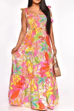 Leaf Print Strap Shirred Undeniable Tiered Ruffle Maxi Dress -Clothing Outlet Store H23021052 PI 2