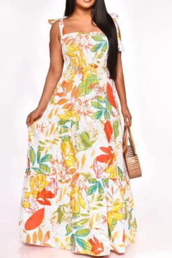 Leaf Print Strap Shirred Undeniable Tiered Ruffle Maxi Dress -Clothing Outlet Store H23021052 WH 1