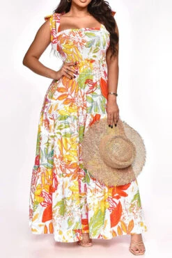 Leaf Print Strap Shirred Undeniable Tiered Ruffle Maxi Dress -Clothing Outlet Store H23021052 WH 2
