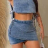 Solid Color Party Tie Side Irregular Denim Dress Suit