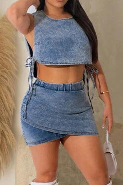 Solid Color Party Tie Side Irregular Denim Dress Suit