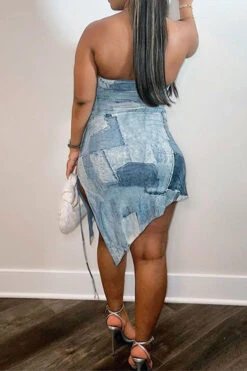 Denim Print Hot Drawstring High Split Irregular Mini Dress -Clothing Outlet Store H23021604 RT 5