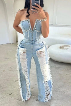 Rivet Decor Undeniable Ripped Burrs Denim Jumpsuit 7 Rivet Decor Undeniable Ripped Burrs Denim Jumpsuit -Clothing Outlet Store H23021626 BL 3