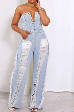 Rivet Decor Undeniable Ripped Burrs Denim Jumpsuit 9 Rivet Decor Undeniable Ripped Burrs Denim Jumpsuit -Clothing Outlet Store H23021626 BL 5