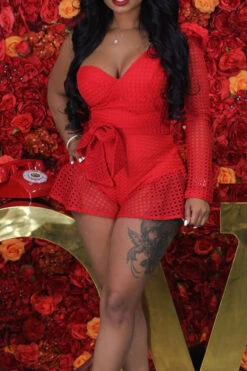 Solid Color Hollow-Out Girly Ruffle Belted Romper -Clothing Outlet Store H23021629 RE 3