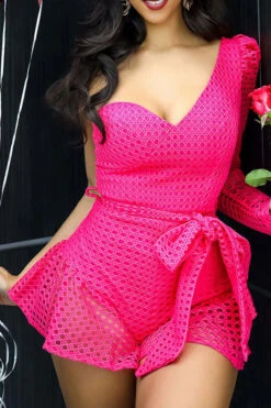 Solid Color Hollow-Out Girly Ruffle Belted Romper