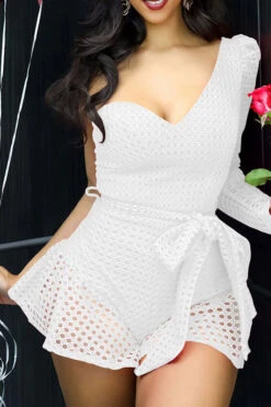 Solid Color Hollow-Out Girly Ruffle Belted Romper -Clothing Outlet Store H23021629 WH 1