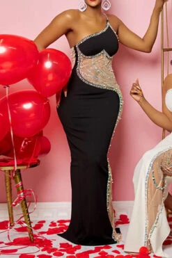 Rhinestone Trim Rocking Mesh Patchwork Maxi Dress -Clothing Outlet Store H23021652 BK 2