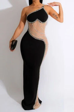 Rhinestone Trim Rocking Mesh Patchwork Maxi Dress -Clothing Outlet Store H23021652 BK 5