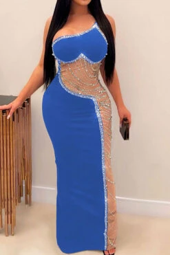 Rhinestone Trim Rocking Mesh Patchwork Maxi Dress -Clothing Outlet Store H23021652 BL 1