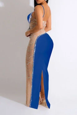 Rhinestone Trim Rocking Mesh Patchwork Maxi Dress -Clothing Outlet Store H23021652 BL 2