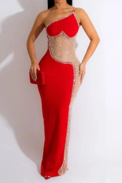 Rhinestone Trim Rocking Mesh Patchwork Maxi Dress -Clothing Outlet Store H23021652 RE 4