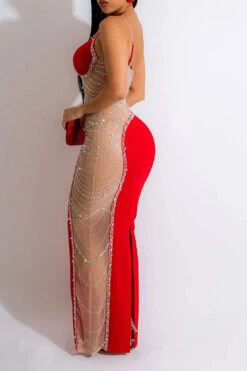 Rhinestone Trim Rocking Mesh Patchwork Maxi Dress -Clothing Outlet Store H23021652 RE 5