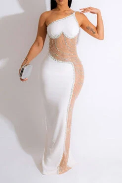 Rhinestone Trim Rocking Mesh Patchwork Maxi Dress -Clothing Outlet Store H23021652 WH 1