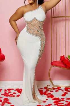 Rhinestone Trim Rocking Mesh Patchwork Maxi Dress -Clothing Outlet Store H23021652 WH 3