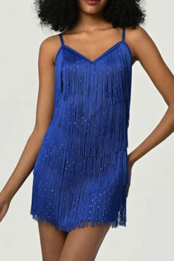 Solid Color Retro Tassel Mini Dress 32 Solid Color Retro Tassel Mini Dress -Clothing Outlet Store H23021662 BL 2