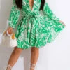 Bamboo Leaf Print Preppy Lace-Up Mini Dress