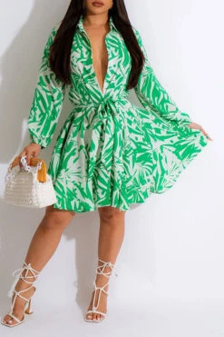 Bamboo Leaf Print Preppy Lace-Up Mini Dress