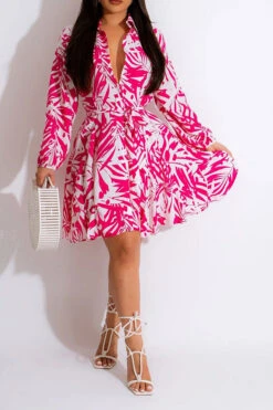 Bamboo Leaf Print Preppy Lace-Up Mini Dress -Clothing Outlet Store H23021668 RR 1