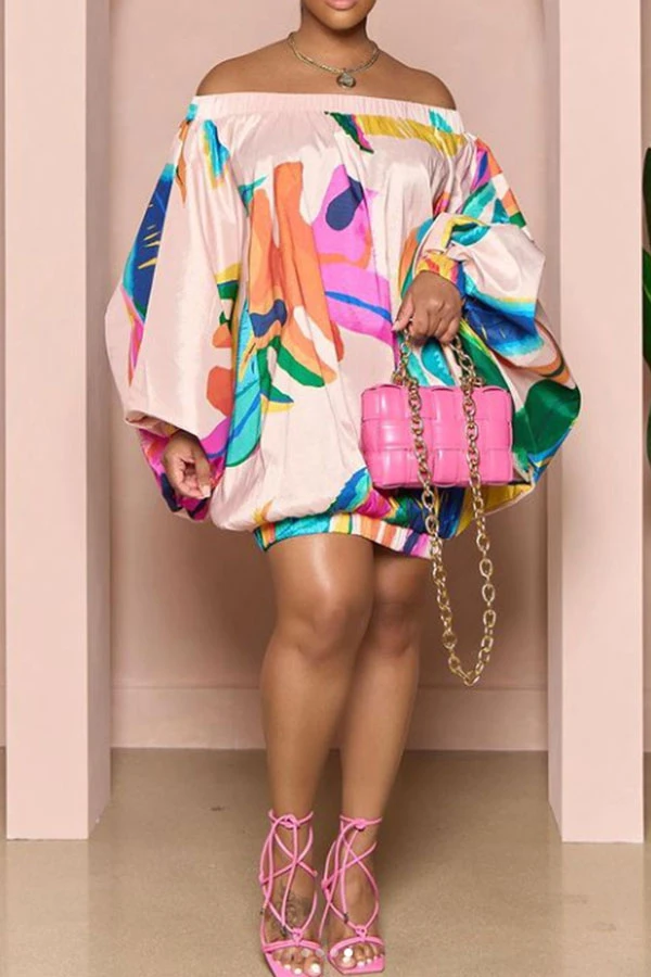 Colorful Leaf Print Smart Off Shoulder Mini Dress 1 Colorful Leaf Print Smart Off Shoulder Mini Dress