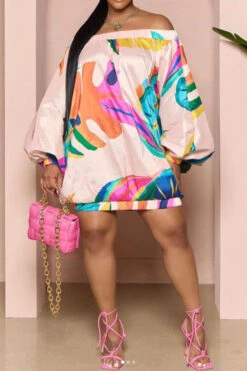 Colorful Leaf Print Smart Off Shoulder Mini Dress 7 Colorful Leaf Print Smart Off Shoulder Mini Dress -Clothing Outlet Store H23021681 RT 4