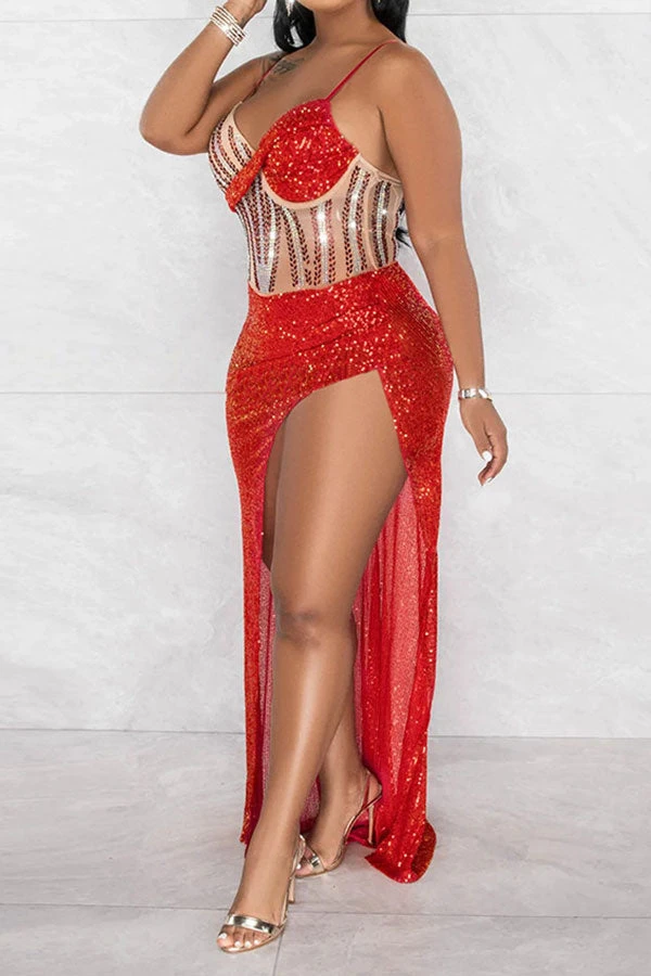 Rhinestone & Sequined Luxe High Split Maxi Dress 2 Rhinestone & Sequined Luxe High Split Maxi Dress - Image 2