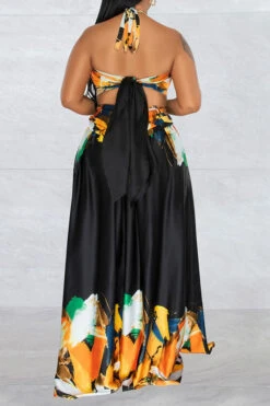 Graffiti Print Tropical Strappy Cutout Open Back Maxi Dress -Clothing Outlet Store H23021695 BK 2