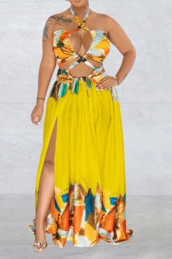 Graffiti Print Tropical Strappy Cutout Open Back Maxi Dress -Clothing Outlet Store H23021695 YE 1