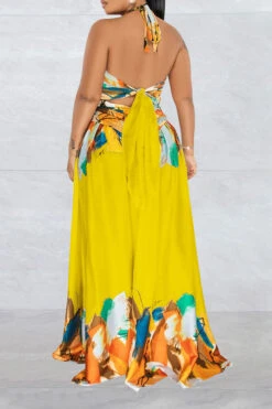 Graffiti Print Tropical Strappy Cutout Open Back Maxi Dress -Clothing Outlet Store H23021695 YE 2